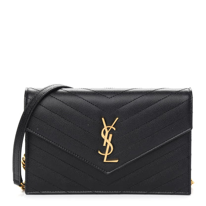 Saint Laurent Grain De Poudre Matelasse Chevron Monogram Envelope Chain Wallet Black 1 of 10