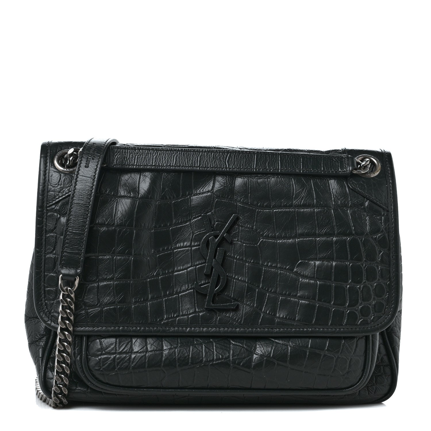 Saint Laurent Calfskin Crocodile Embossed Monogram Medium Niki Chain Satchel Algea 1 of 8