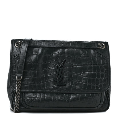 Saint Laurent Calfskin Crocodile Embossed Monogram Medium Niki Chain Satchel Algea 1 of 8