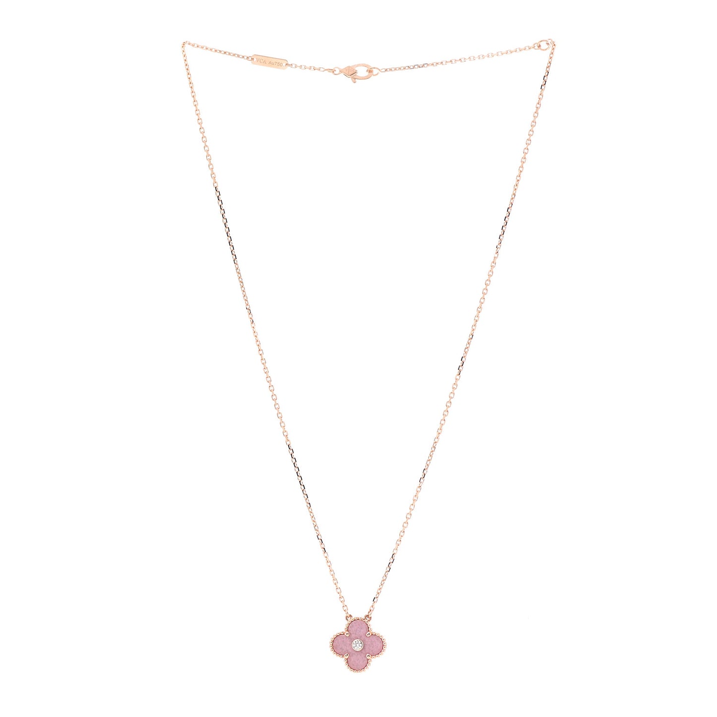 18K Rose Gold Diamond Rhodonite Vintage Alhambra Pendant Necklace