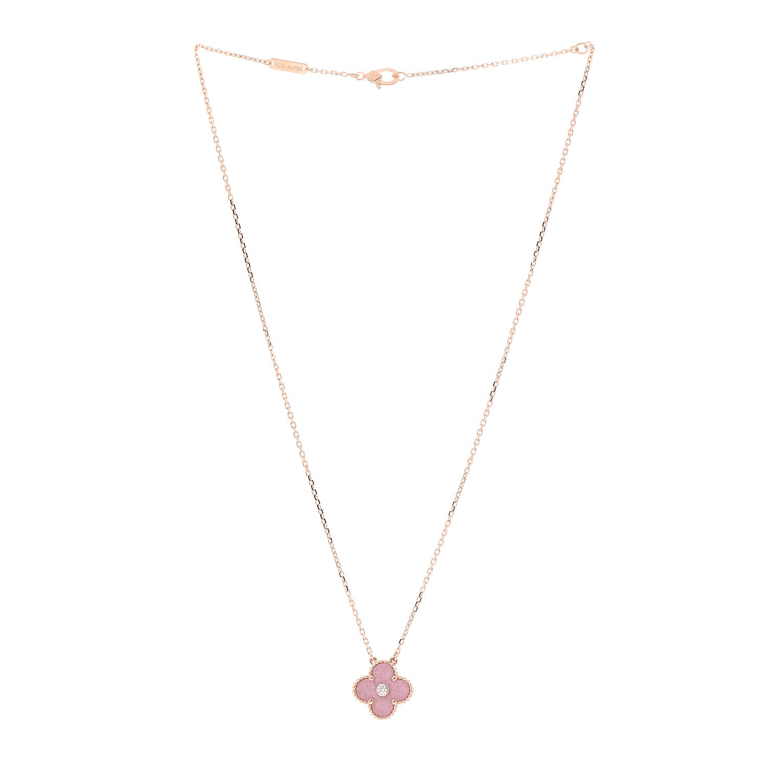 Van Cleef & Arpels 18K Rose Gold Diamond Rhodonite Vintage Alhambra Pendant Necklace 3 of 7