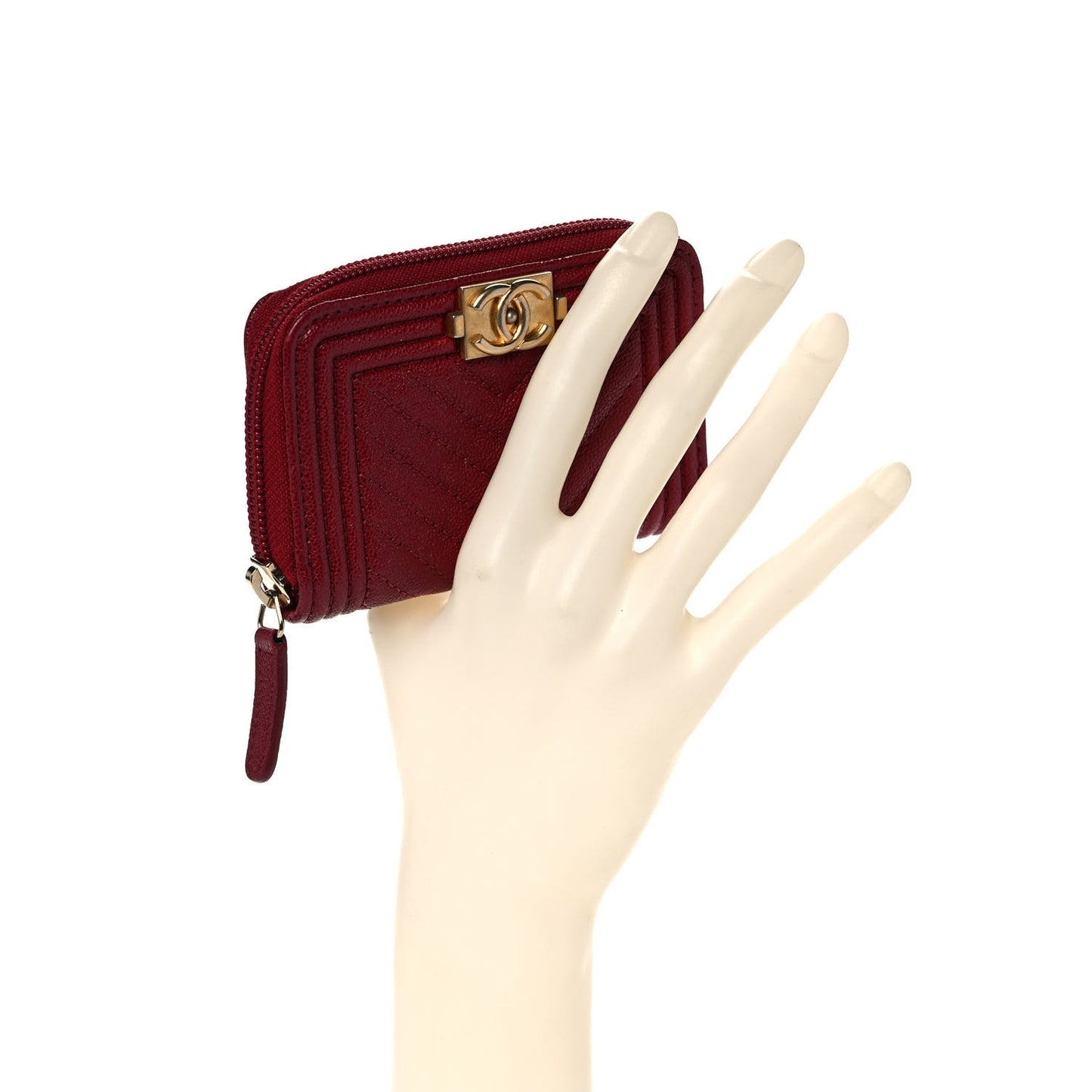 Caviar Chevron Quilted Boy Zip Around Coin Purse Wallet Burgundy