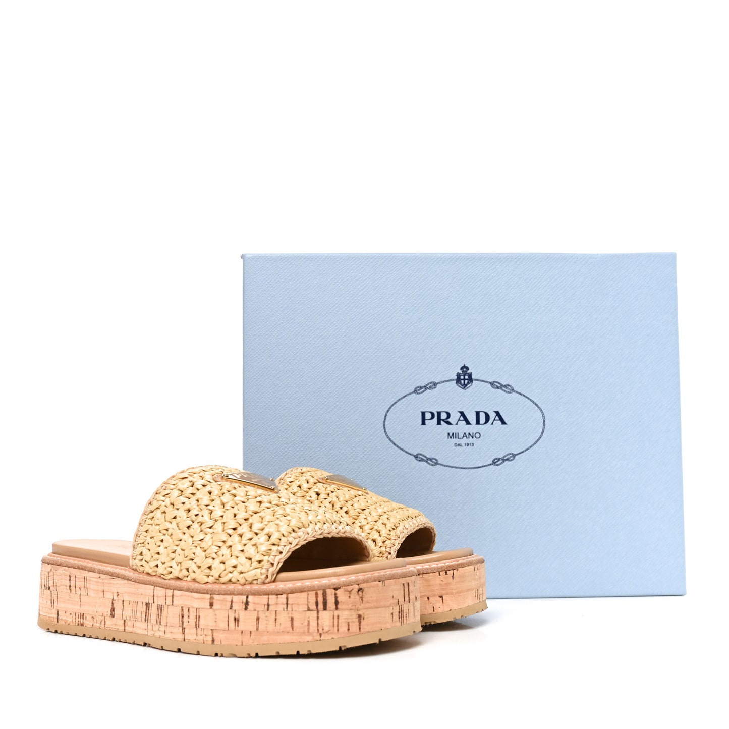 Raffia Metal Triangle Logo Woven Flatform 35mm Slide Sandals 36 Naturale