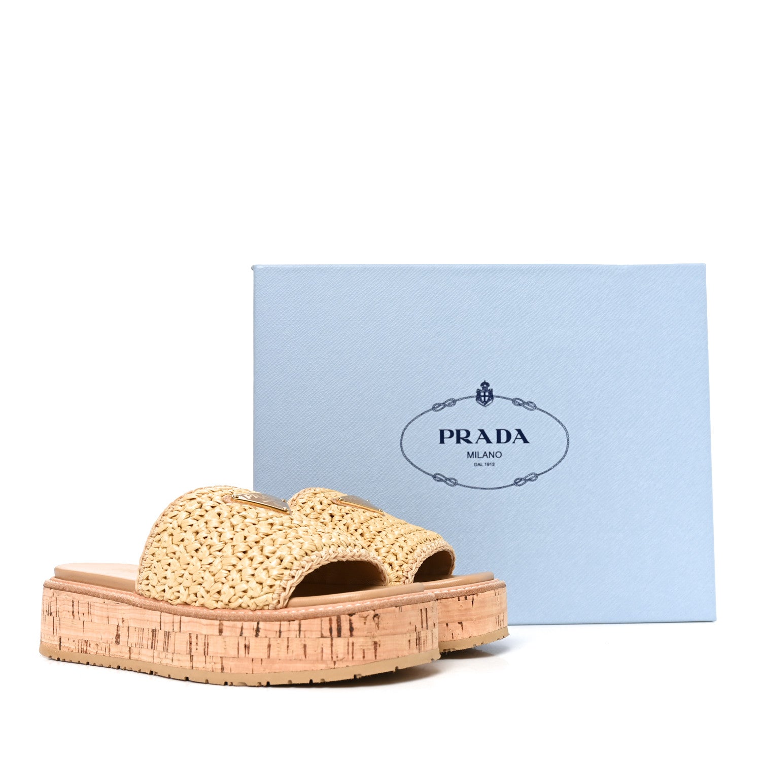 Prada Raffia Metal Triangle Logo Woven Flatform 35mm Slide Sandals 36 Naturale 9 of 9