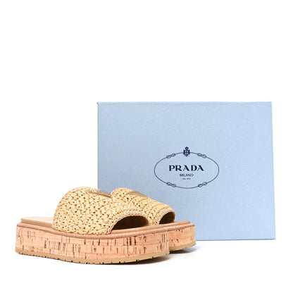 Prada Raffia Metal Triangle Logo Woven Flatform 35mm Slide Sandals 36 Naturale 9 of 9
