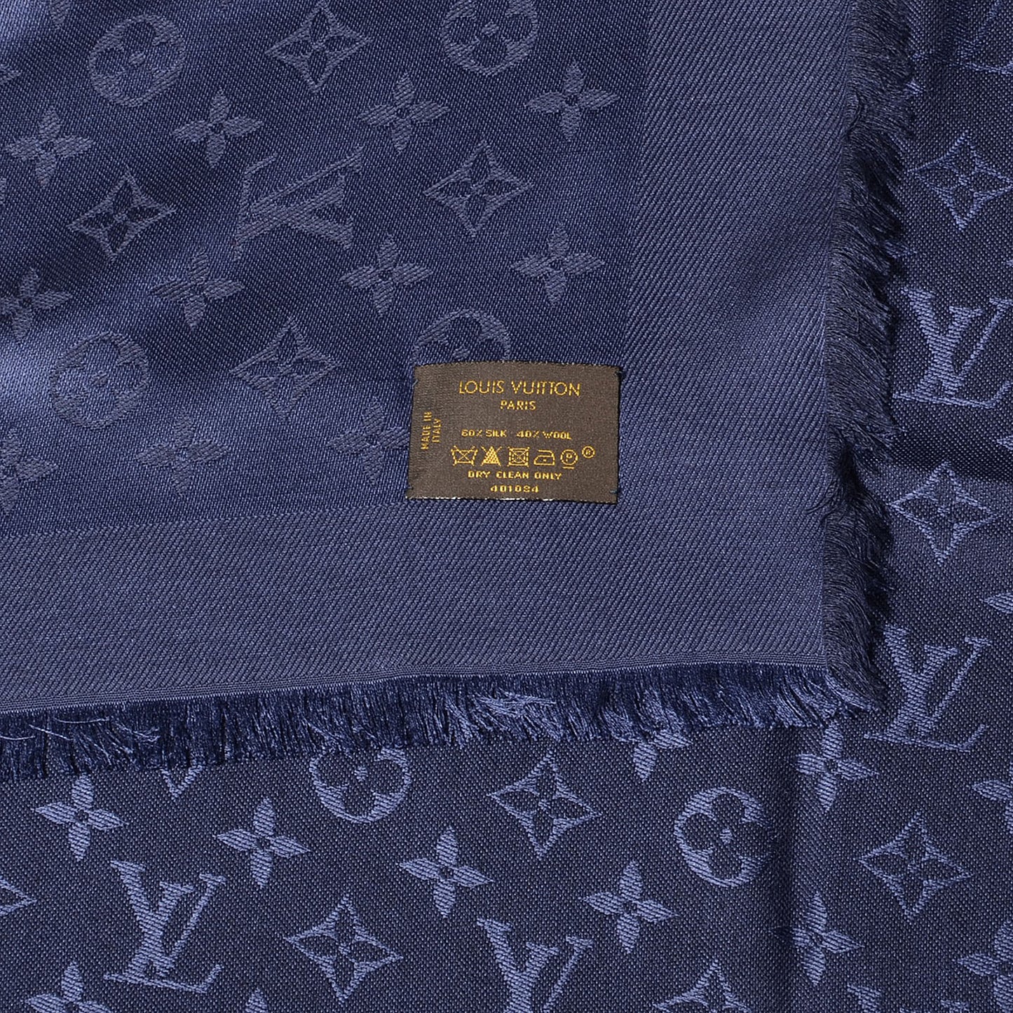 Wool Silk Monogram Shawl Blue Nuit