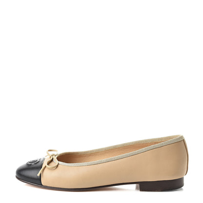 Chanel Lambskin Cap Toe CC Ballerina Flats 36 Beige Black 1 of 18