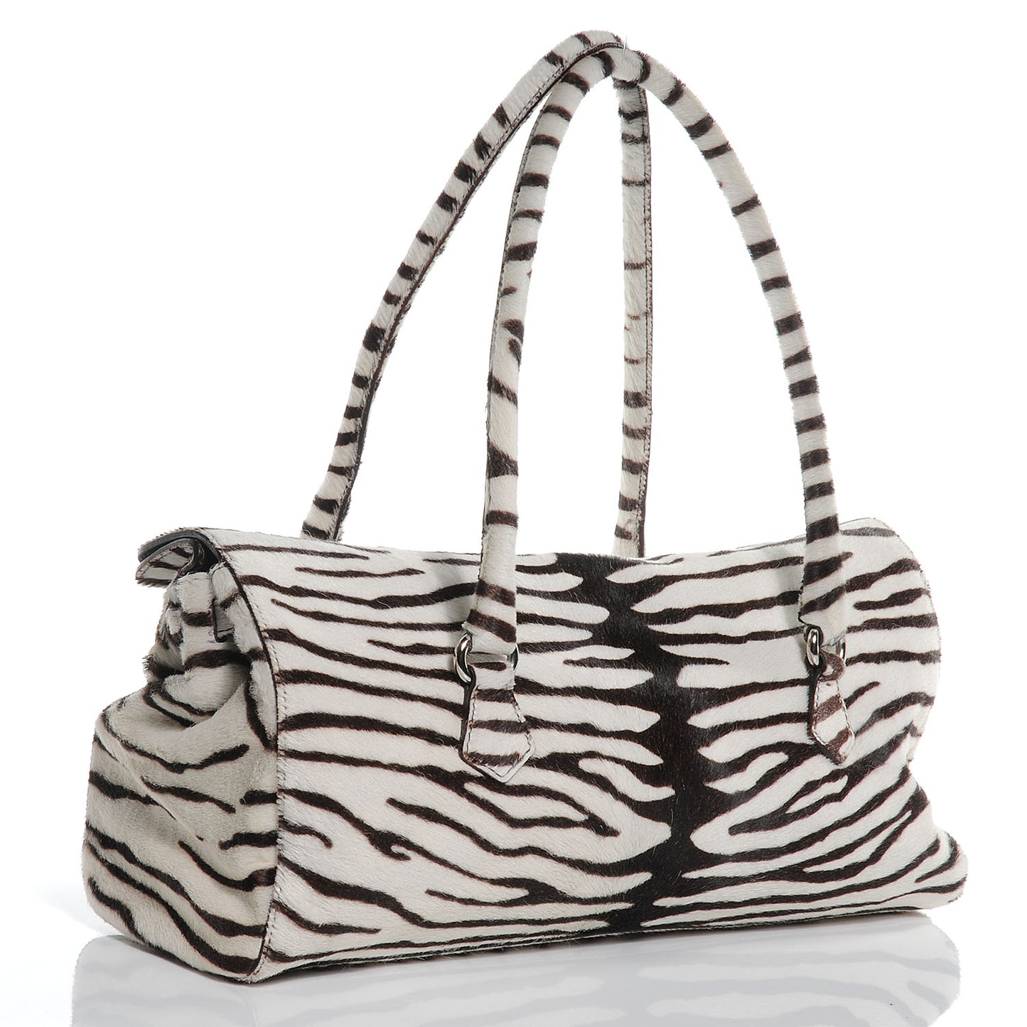 Calf Hair Zebra Print Easy Foldover Pushlock Satchel White Moro