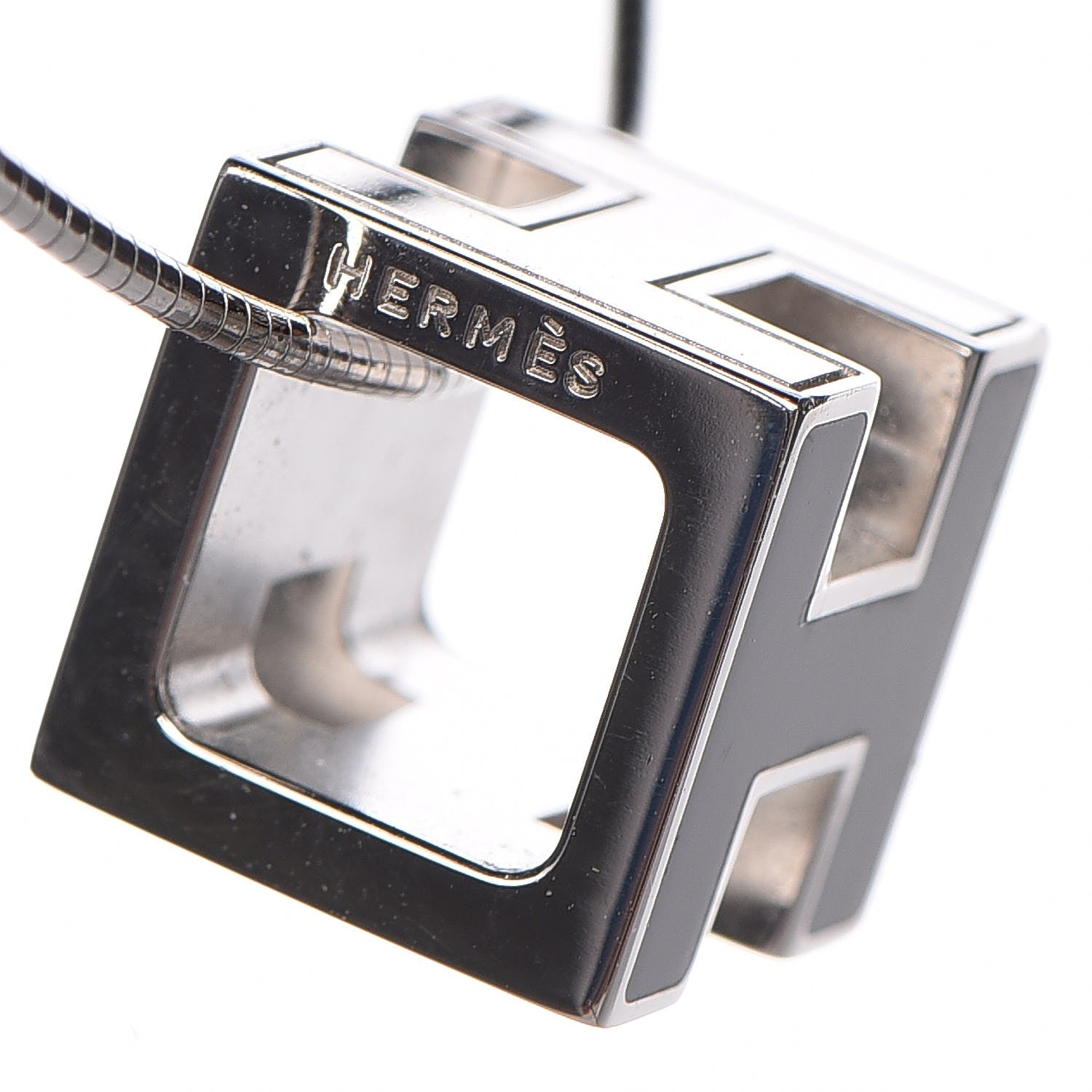 Hermes Lacquered Palladium Cage d'H Pendant Necklace Black 5 of 7