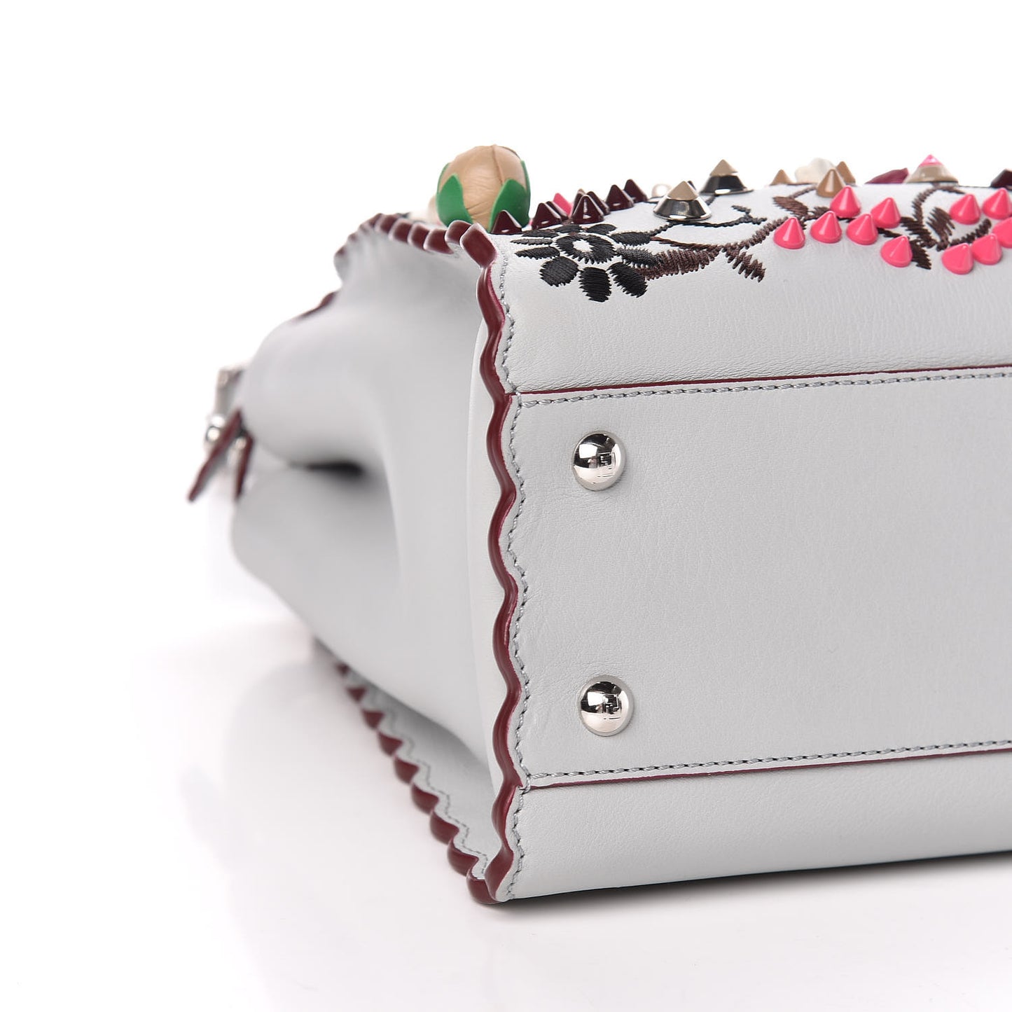 Vitello Seta Shiny Nappa Pearl Scalloped Studded Floral Embroidered Medium Peekaboo Iconic Satchel Grigio Perla Multicolor