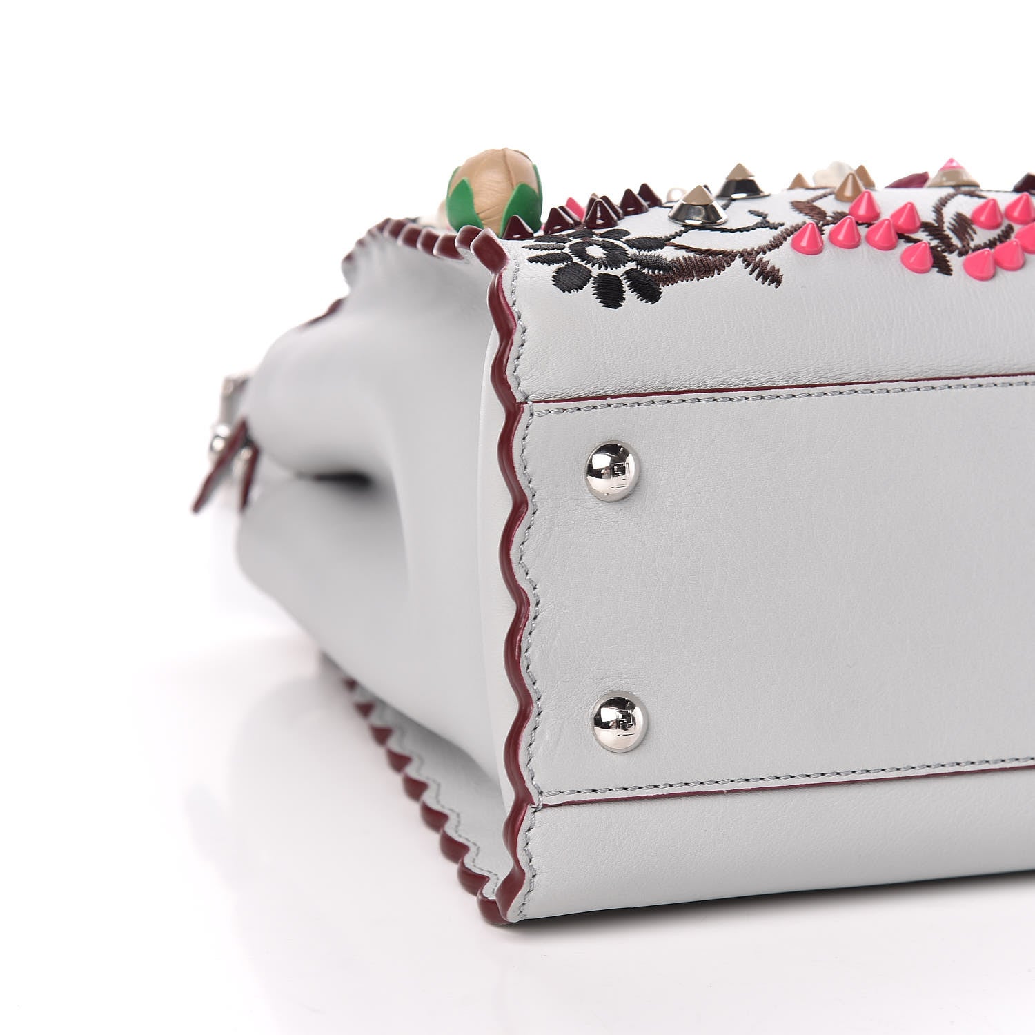 Fendi Vitello Seta Shiny Nappa Pearl Scalloped Studded Floral Embroidered Medium Peekaboo Iconic Satchel Grigio Perla Multicolor 5 of 10