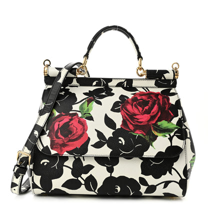 Dolce & Gabbana Dauphine Floral Print Medium Miss Sicily Satchel Black White 2 of 9
