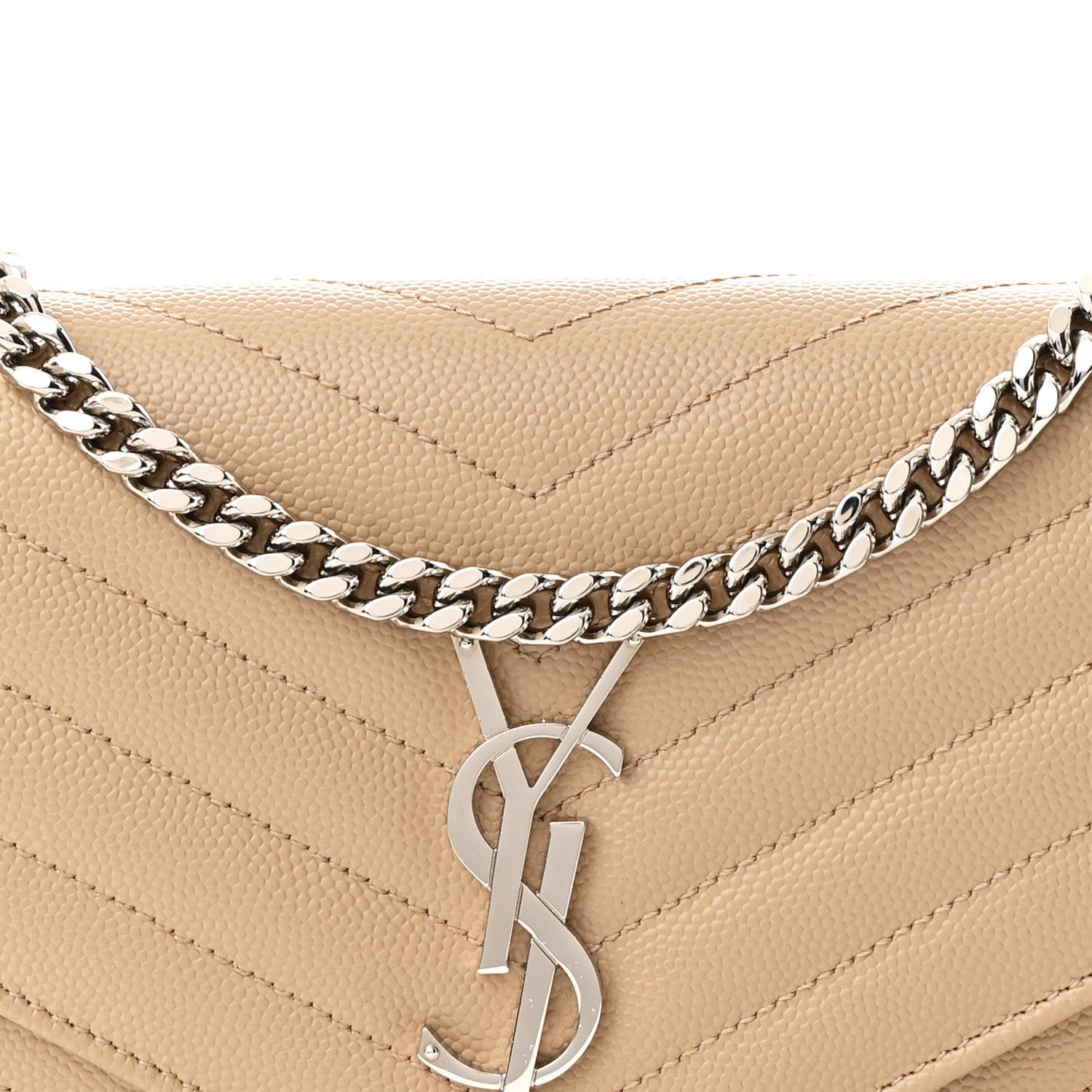 Saint Laurent Grain De Poudre Matelasse Chevron Cassandre Chain Wallet Dark Beige 9 of 12