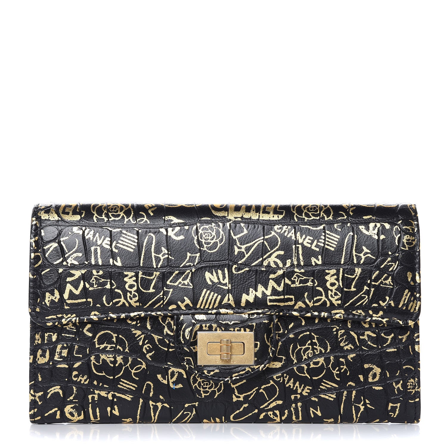 Chanel Calfskin Crocodile Embossed Graffiti 2.55 Cocodile Reissue Long Flap Black Gold 1 of 8