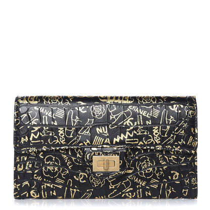 Chanel Calfskin Crocodile Embossed Graffiti 2.55 Cocodile Reissue Long Flap Black Gold 1 of 8