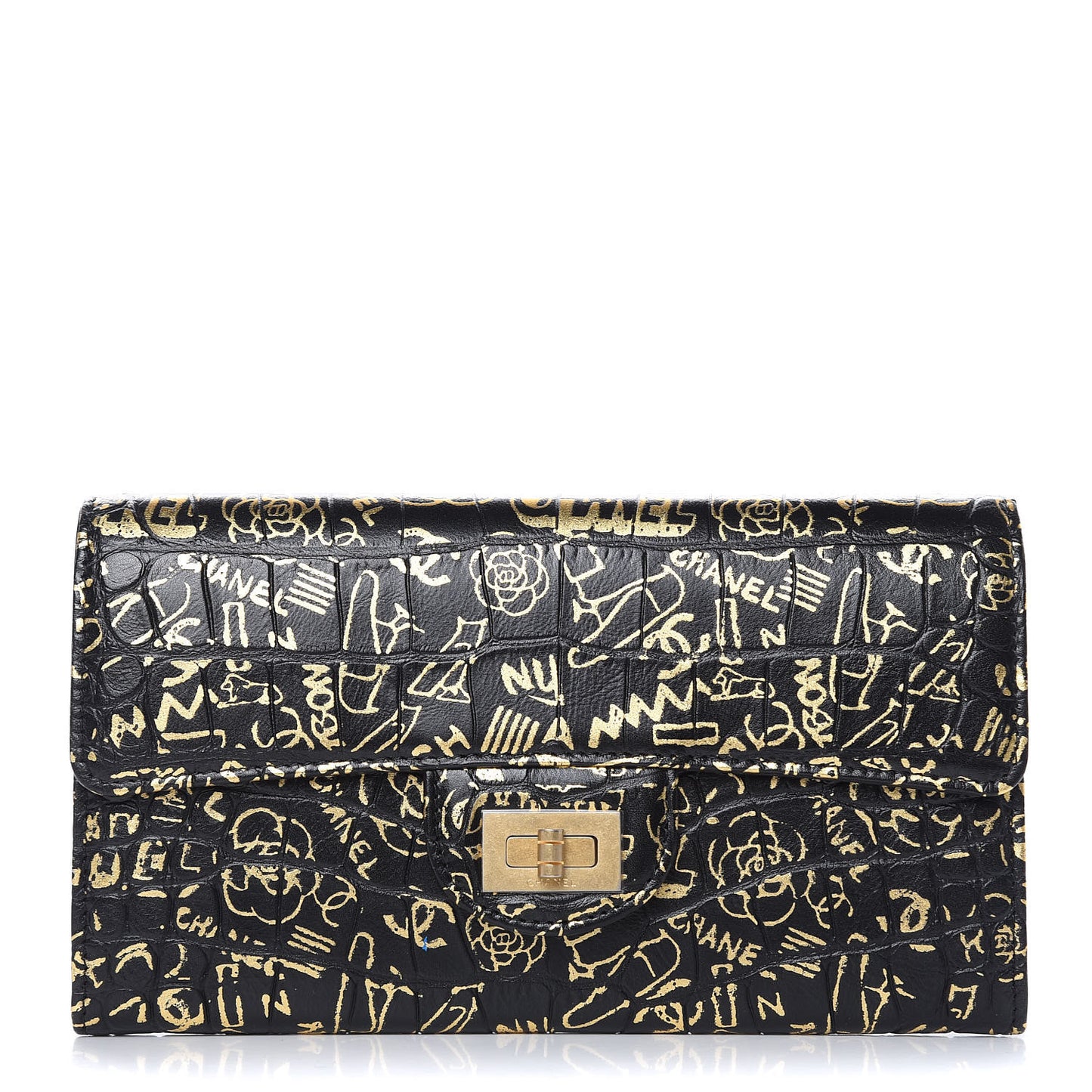 Calfskin Crocodile Embossed Graffiti 2.55 Cocodile Reissue Long Flap Black Gold