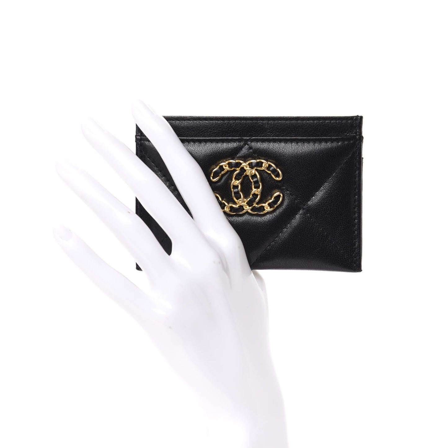 Shiny Goatskin Quilted Chanel 19 Card Holder Black