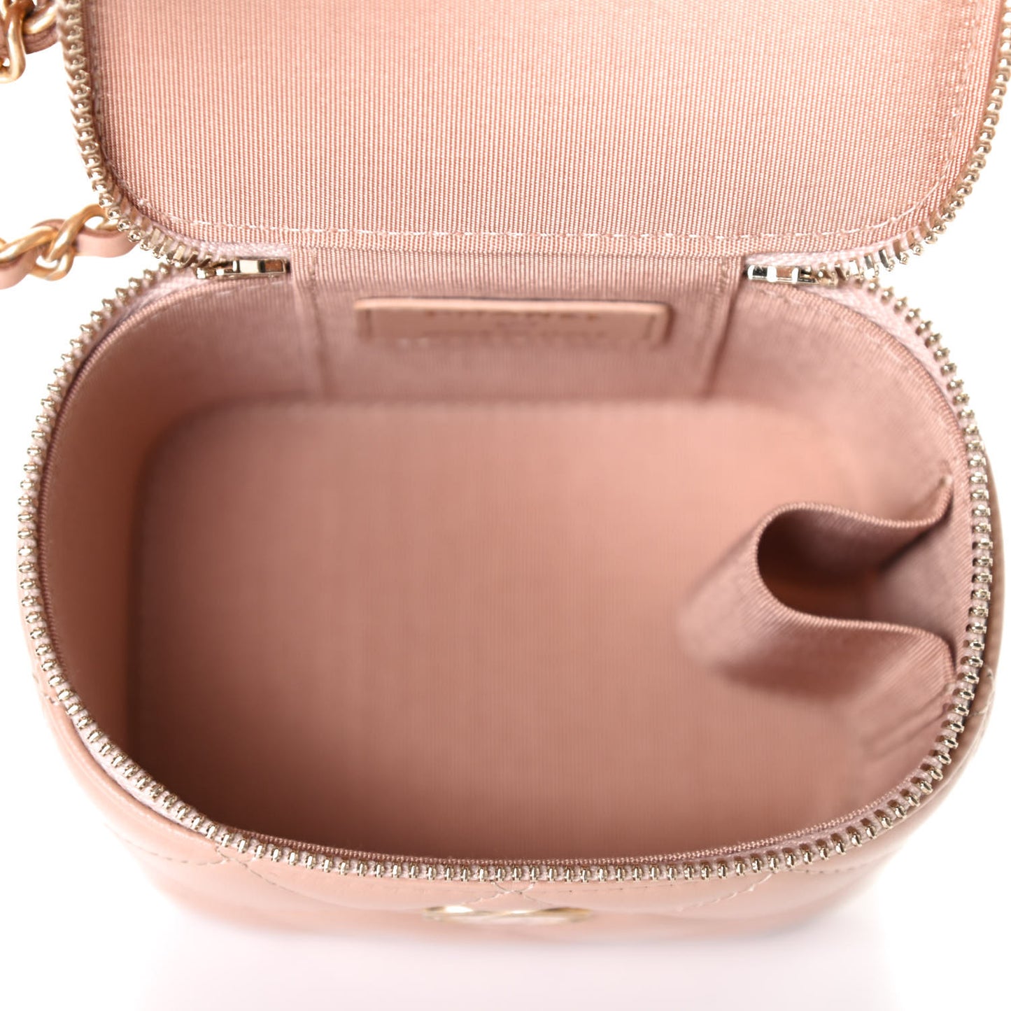 Lambskin Quilted Top Handle Mini Vanity Case With Chain Beige