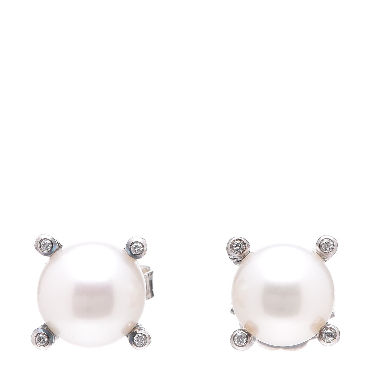 David Yurman Sterling Silver Diamond Pearl 9.5mm Earrings 1 of 4