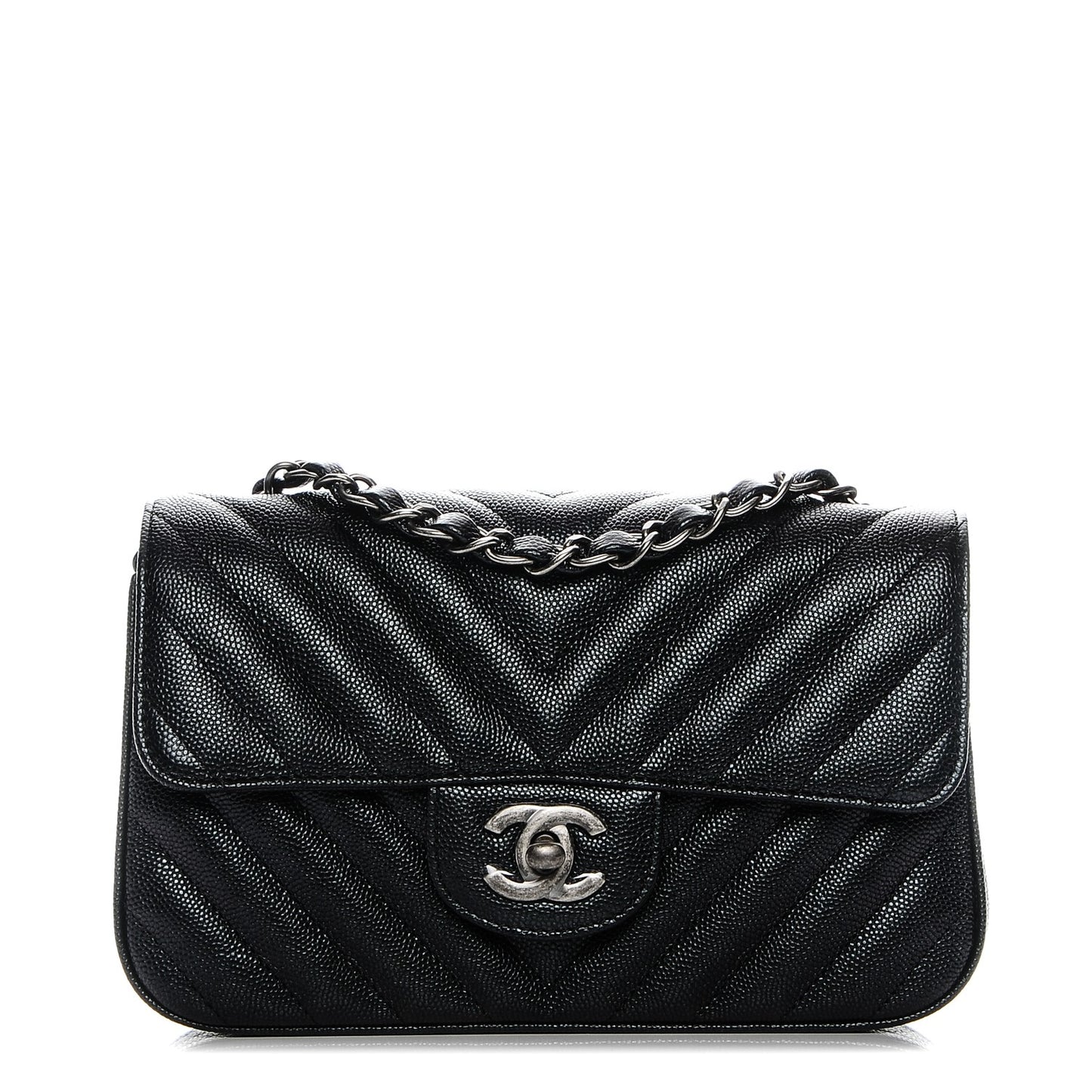 Metallic Caviar Chevron Quilted Mini Rectangular Flap Black
