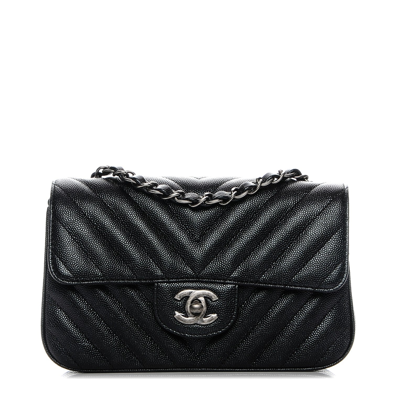 Chanel Metallic Caviar Chevron Quilted Mini Rectangular Flap Black 1 of 7