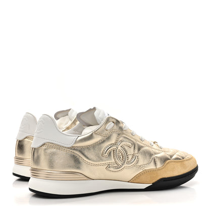 Chanel Laminated Calfskin Suede Quilted Womens CC Sneakers 37 Gold 5 of 10