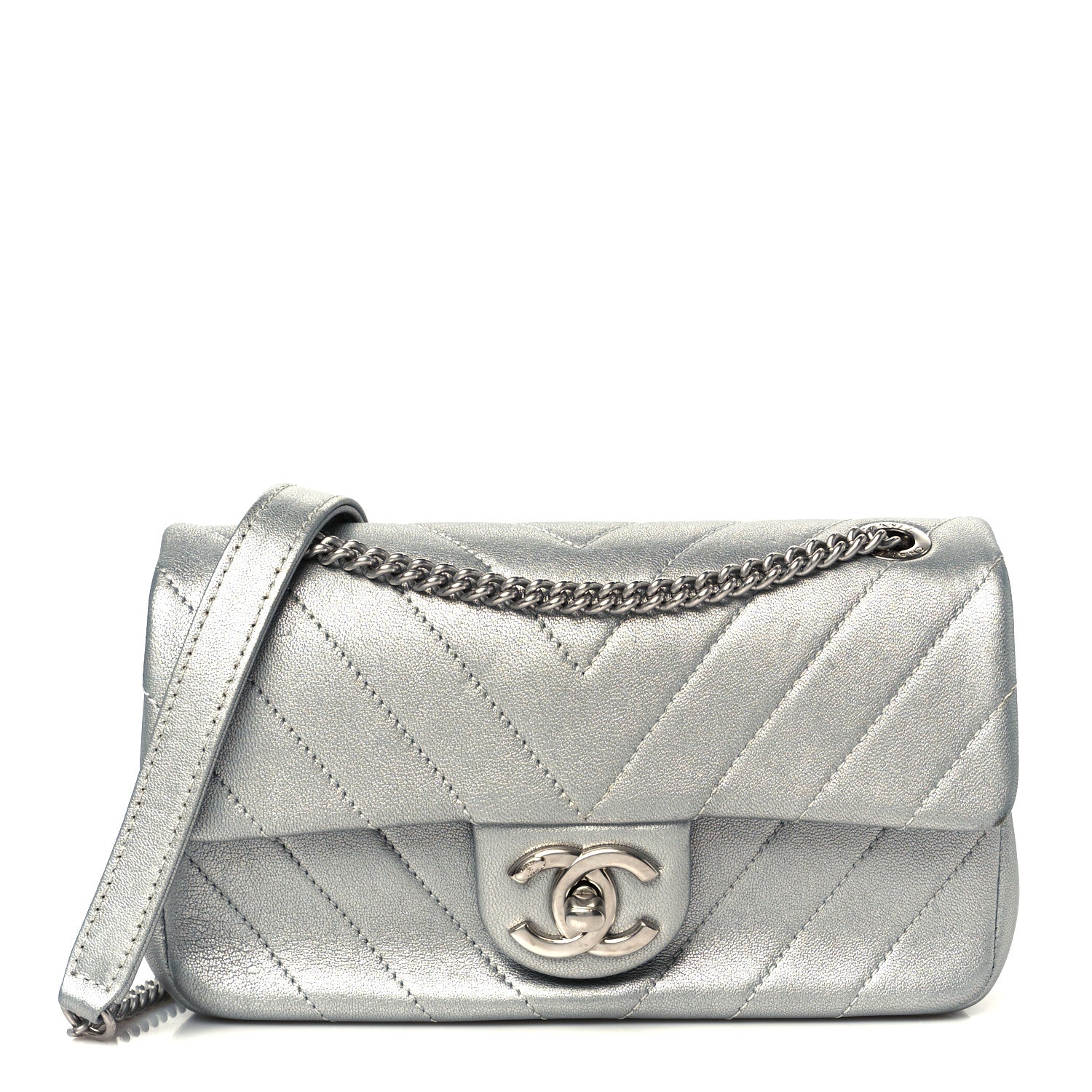 Chanel Metallic Lambskin Chevron Quilted Mini Rectangular Flap Silver 1 of 11
