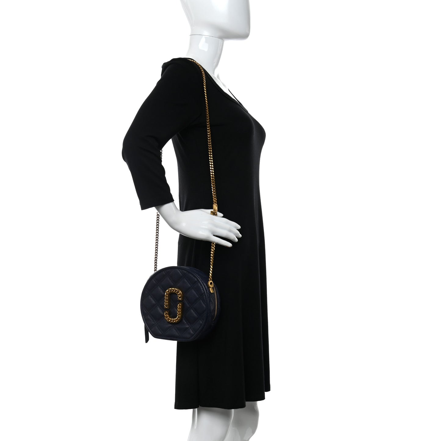 Grained Calfskin Quilted The Status Round Crossbody Navy