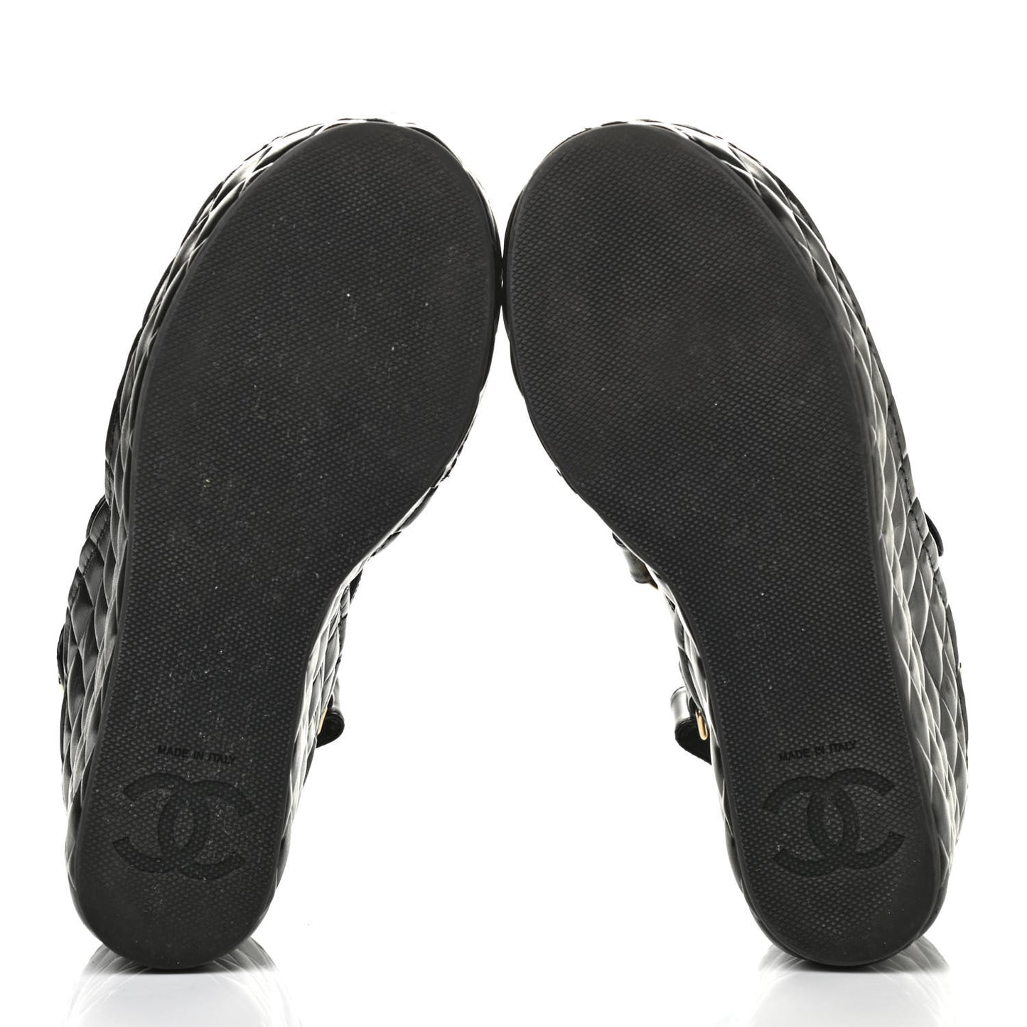 Shiny Calfskin Quilted Wedge Sandals 38 Black