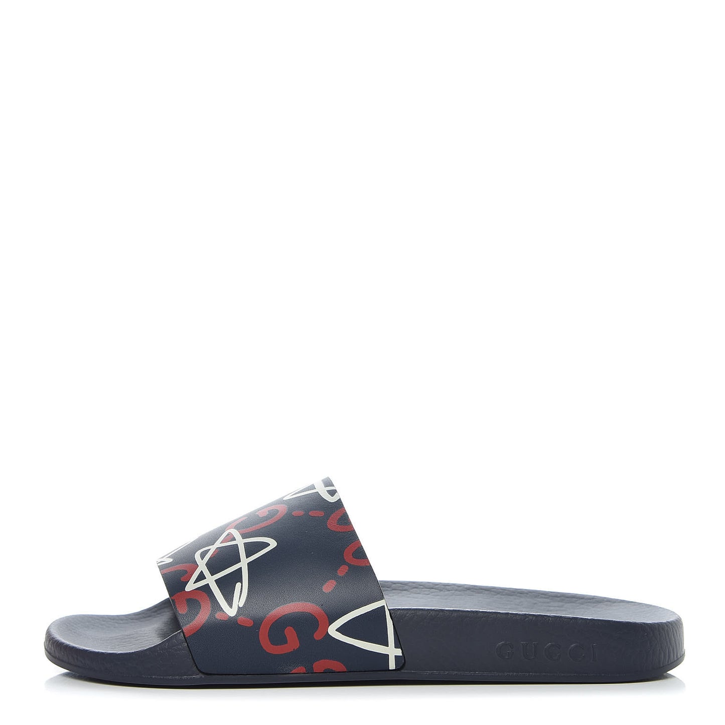 Calfskin GucciGhost Print Womens Slide Sandals 39 Blue Agata Hibiscus Red