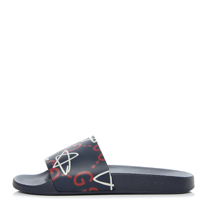 Gucci Calfskin GucciGhost Print Womens Slide Sandals 39 Blue Agata Hibiscus Red 1 of 8