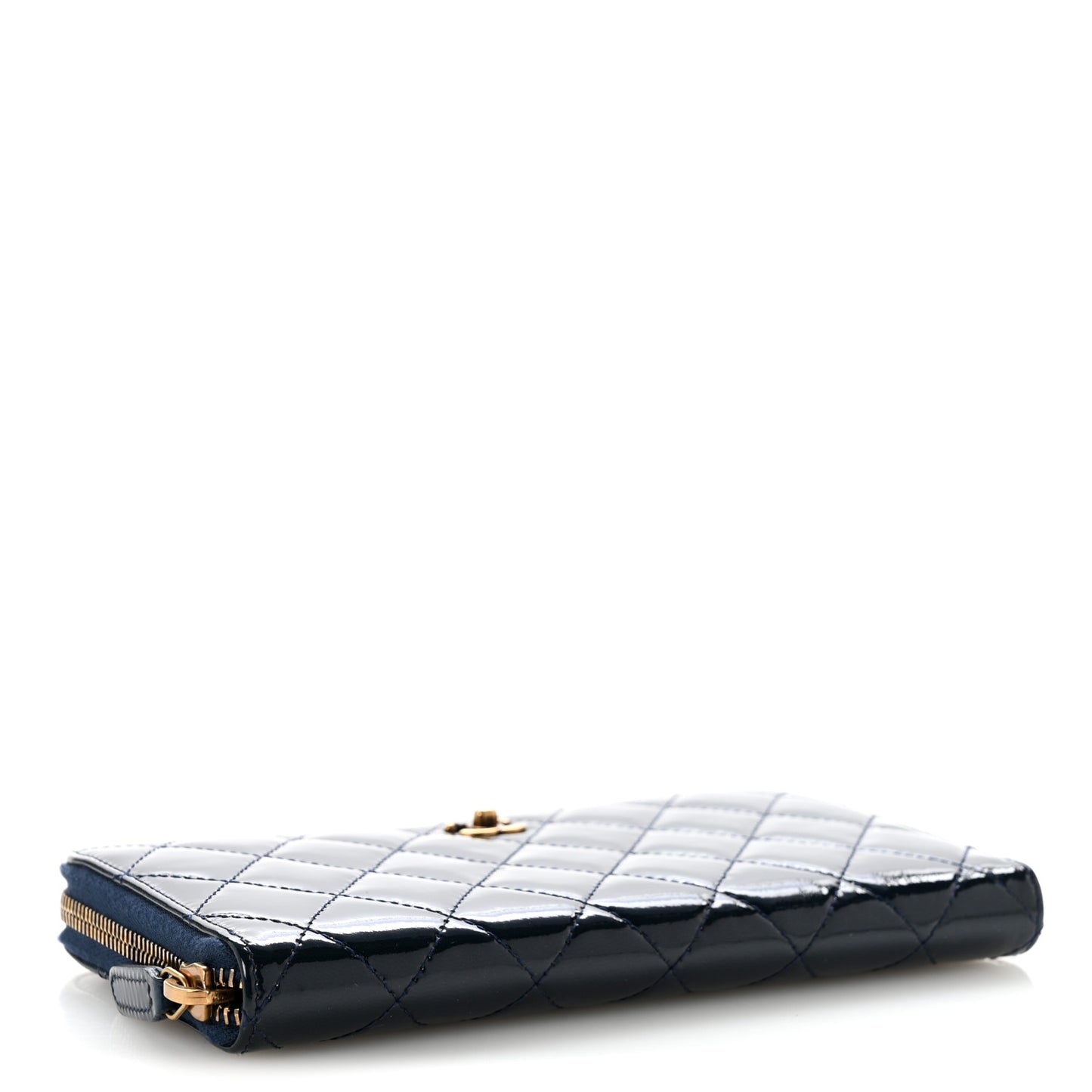 Patent Calfskin Quilted Large Gusset Zip Around Wallet Blue Blue