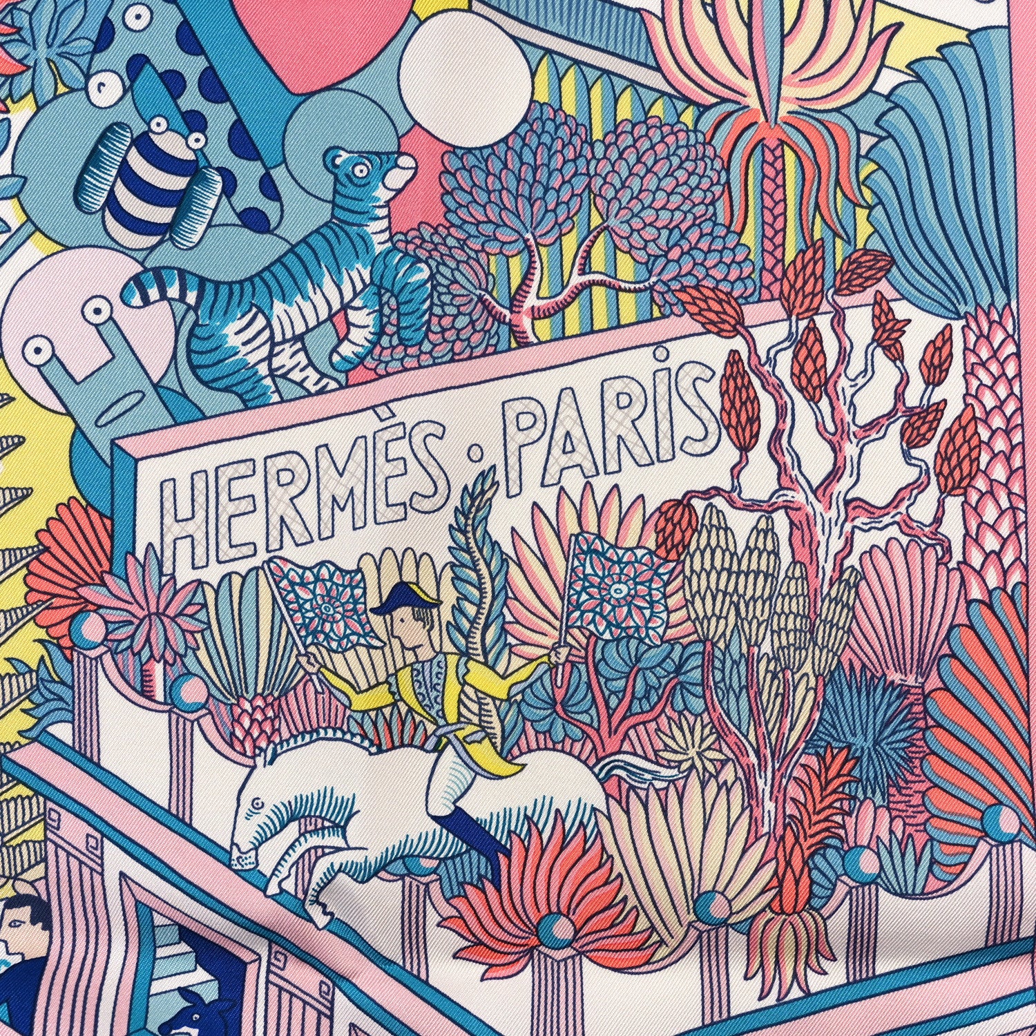 Hermes Silk Animapolis Scarf 140 Bubble Gum Bleu Jaune 2 of 3