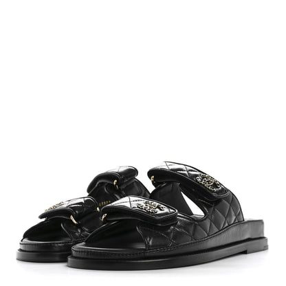 Chanel Lambskin Quilted Velcro Dad Chain CC Slide Sandals 36 Black 4 of 10