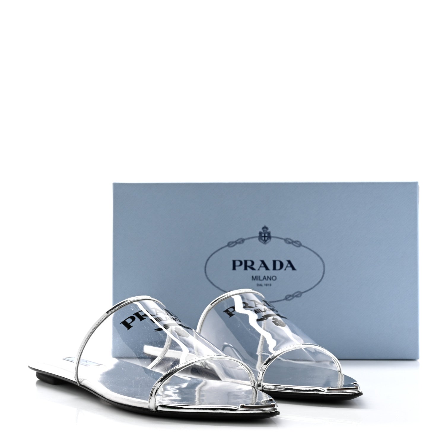 Prada Plexiglass Metallic Calfskin Metal Triangle Logo Ciabatte