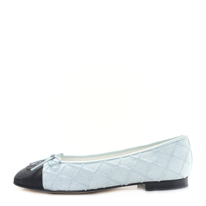 Chanel Denim Embroidered Grosgrain CC Cap Toe Ballerina Flats 38.5 Light Blue Black 1 of 9