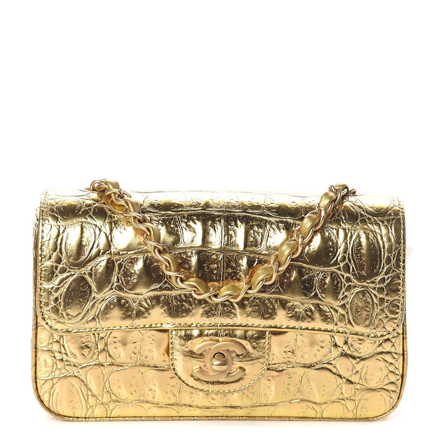 Metallic Calfskin Crocodile Embossed Cocodile Rectangular Mini Flap Gold