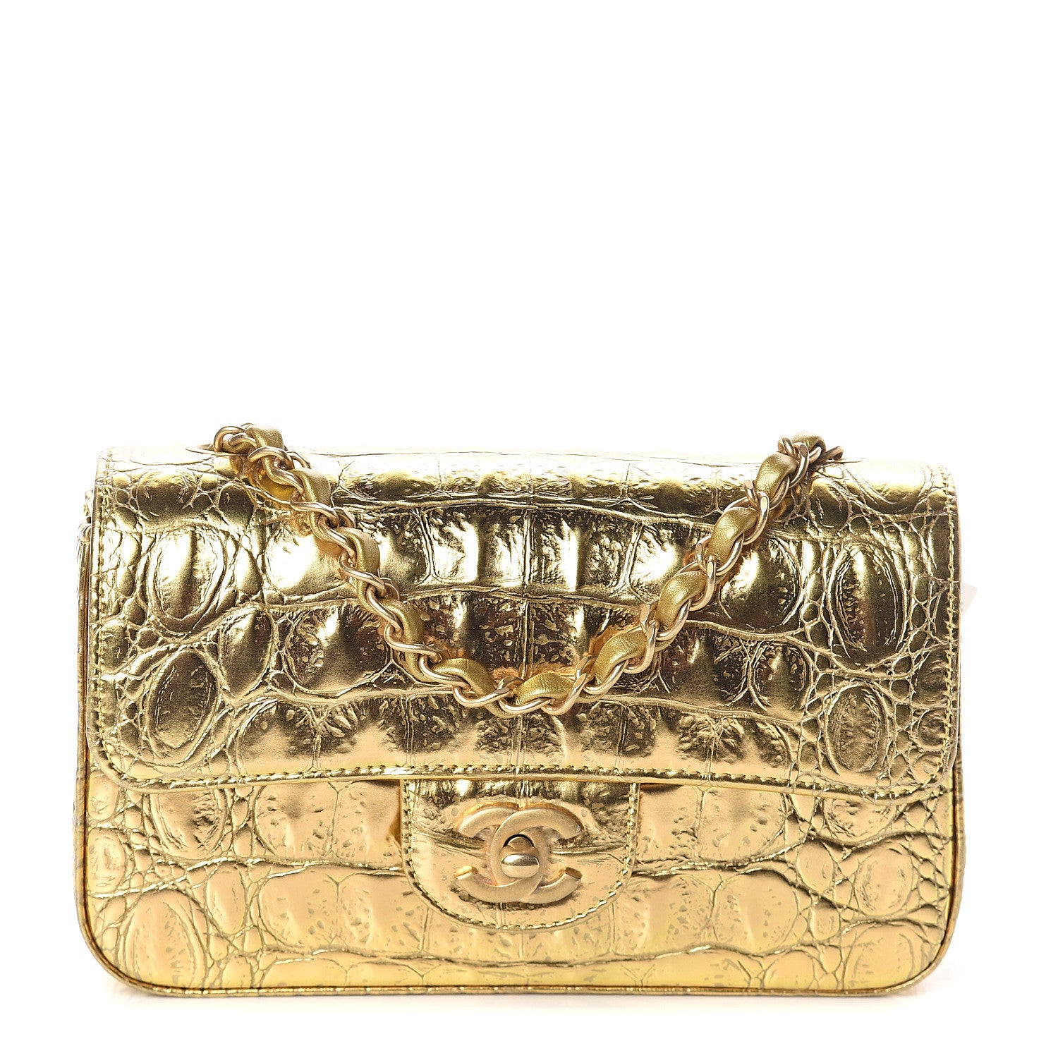 Chanel Metallic Calfskin Crocodile Embossed Cocodile Rectangular Mini Flap Gold 1 of 8