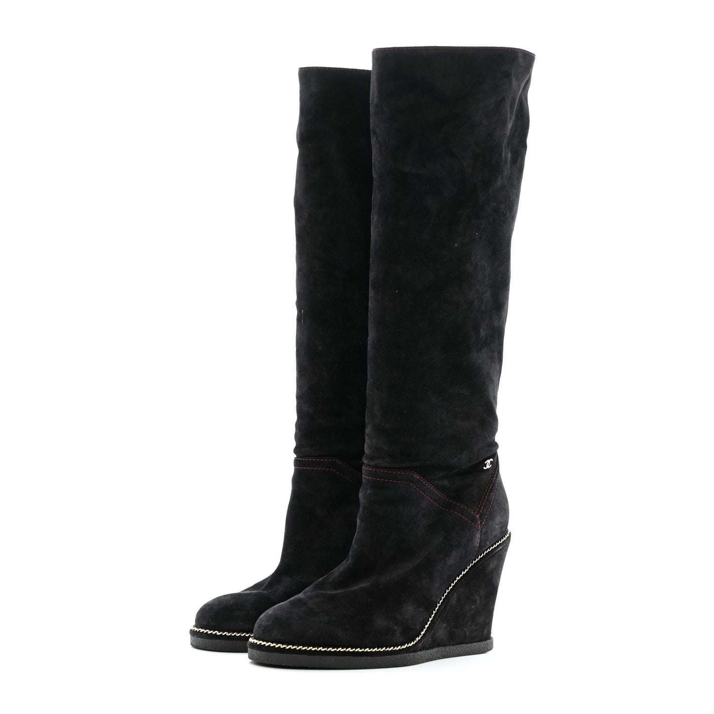 Suede Calfskin Chain Around High Boots 41 Black