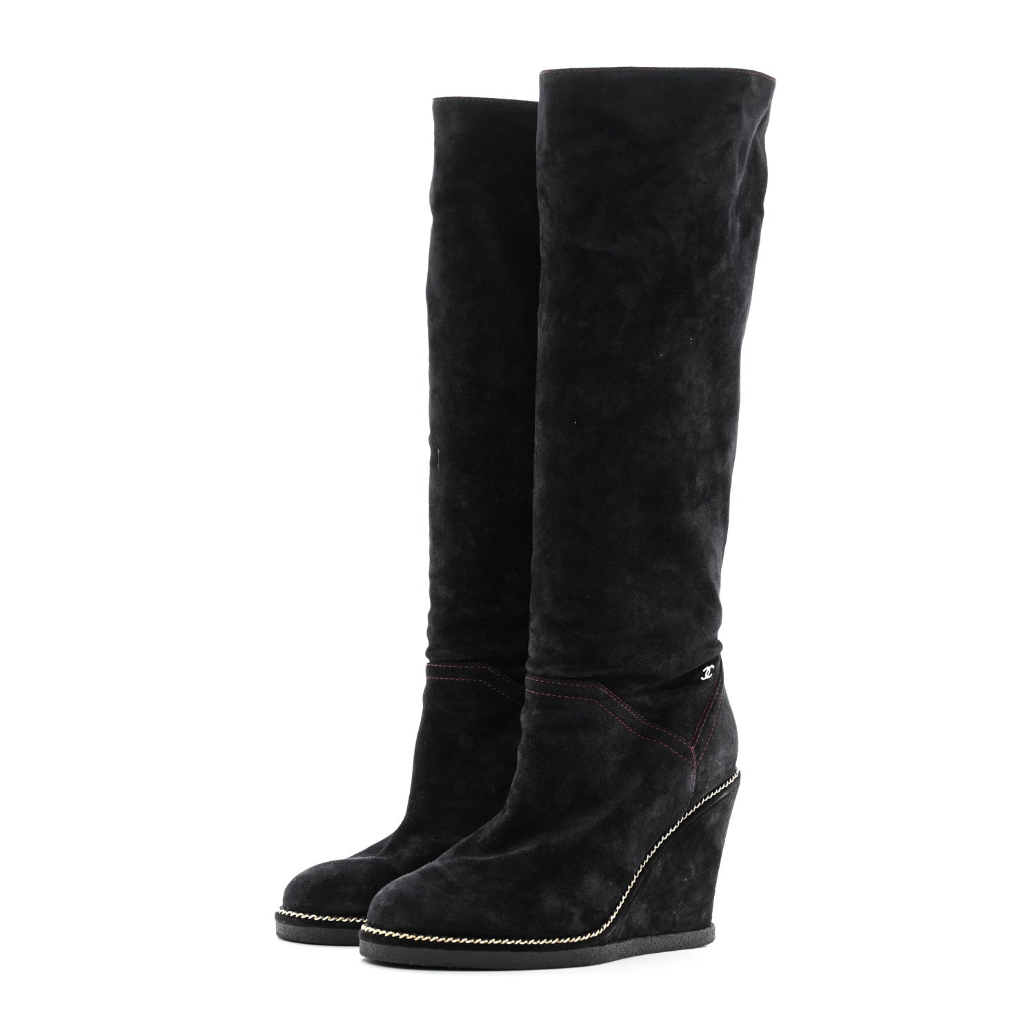Chanel Suede Calfskin Chain Around High Boots 41 Black 3 of 13