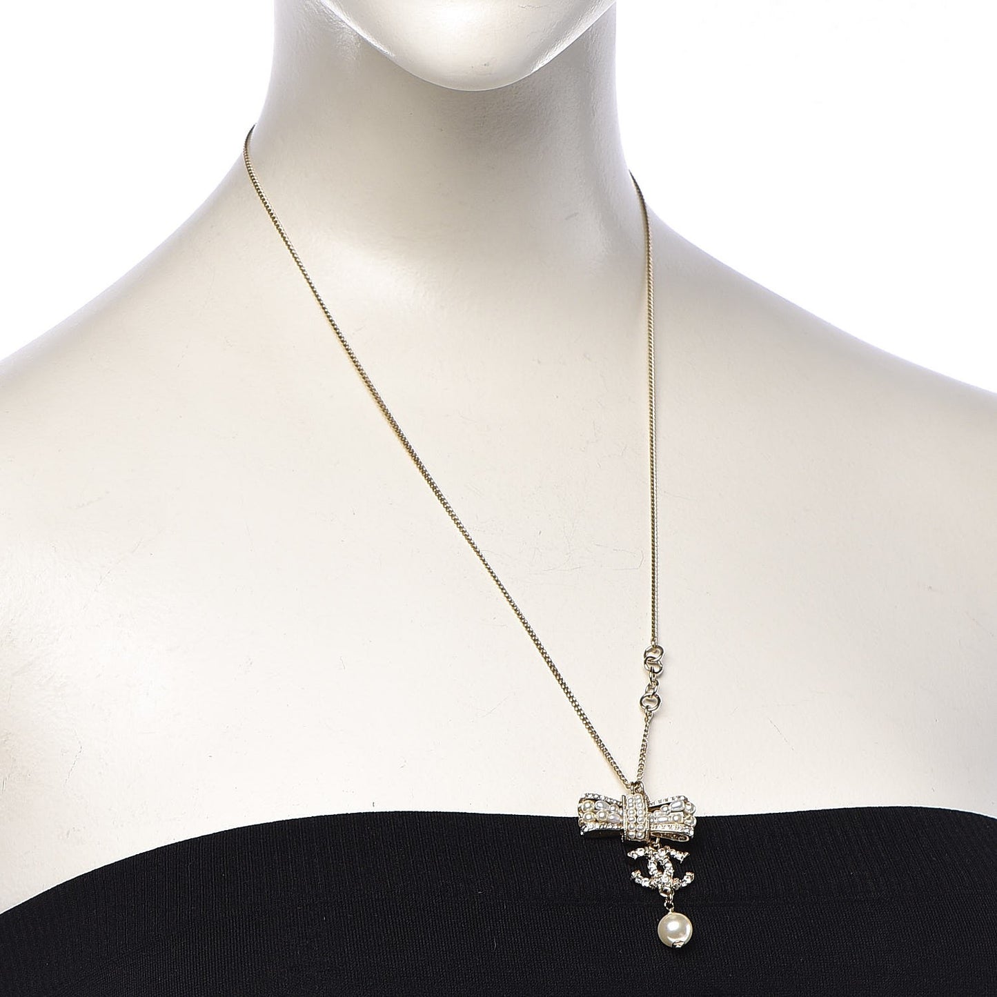 Crystal Pearl CC Bow Necklace Gold