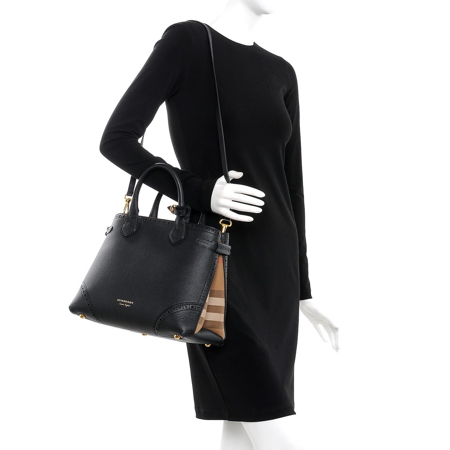 Grainy Calfskin Perforated House Check Medium Brogue Banner Tote Black