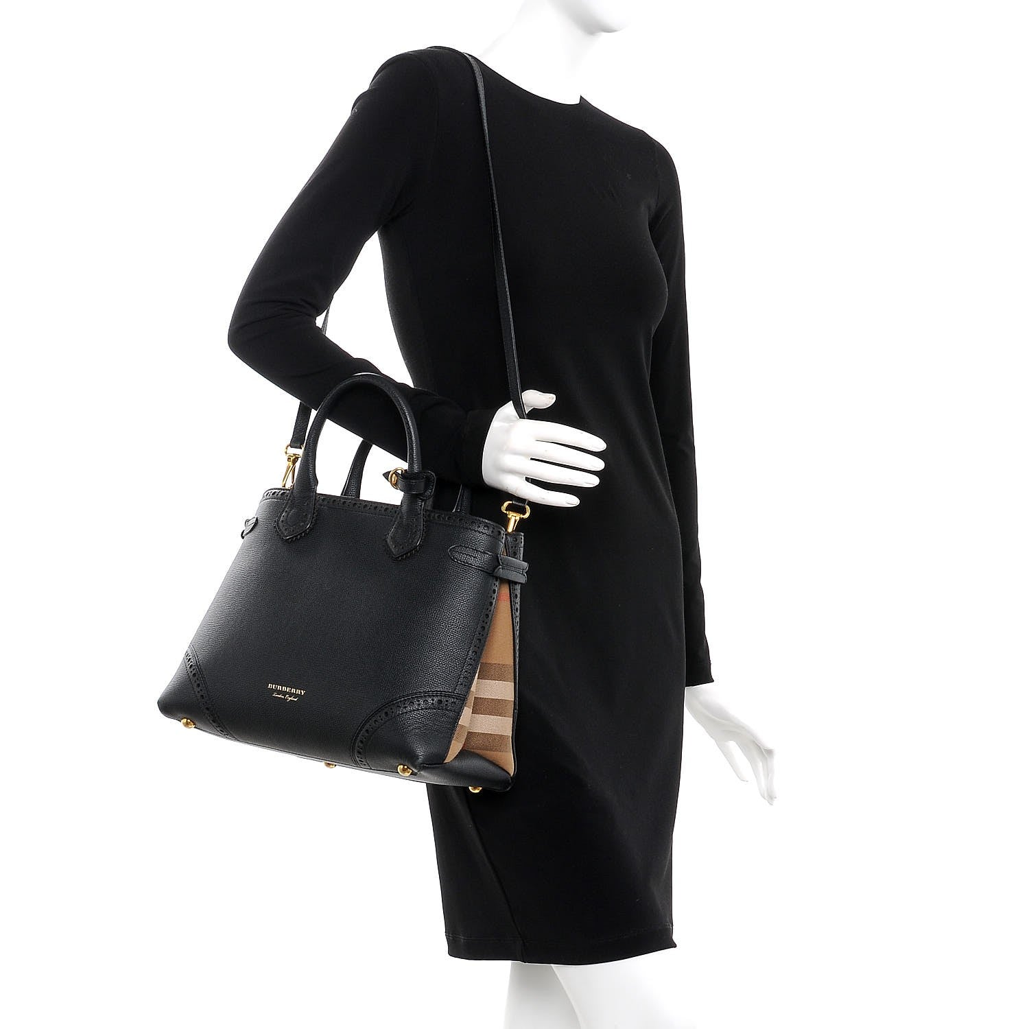 Burberry Grainy Calfskin Perforated House Check Medium Brogue Banner Tote Black 2 of 12