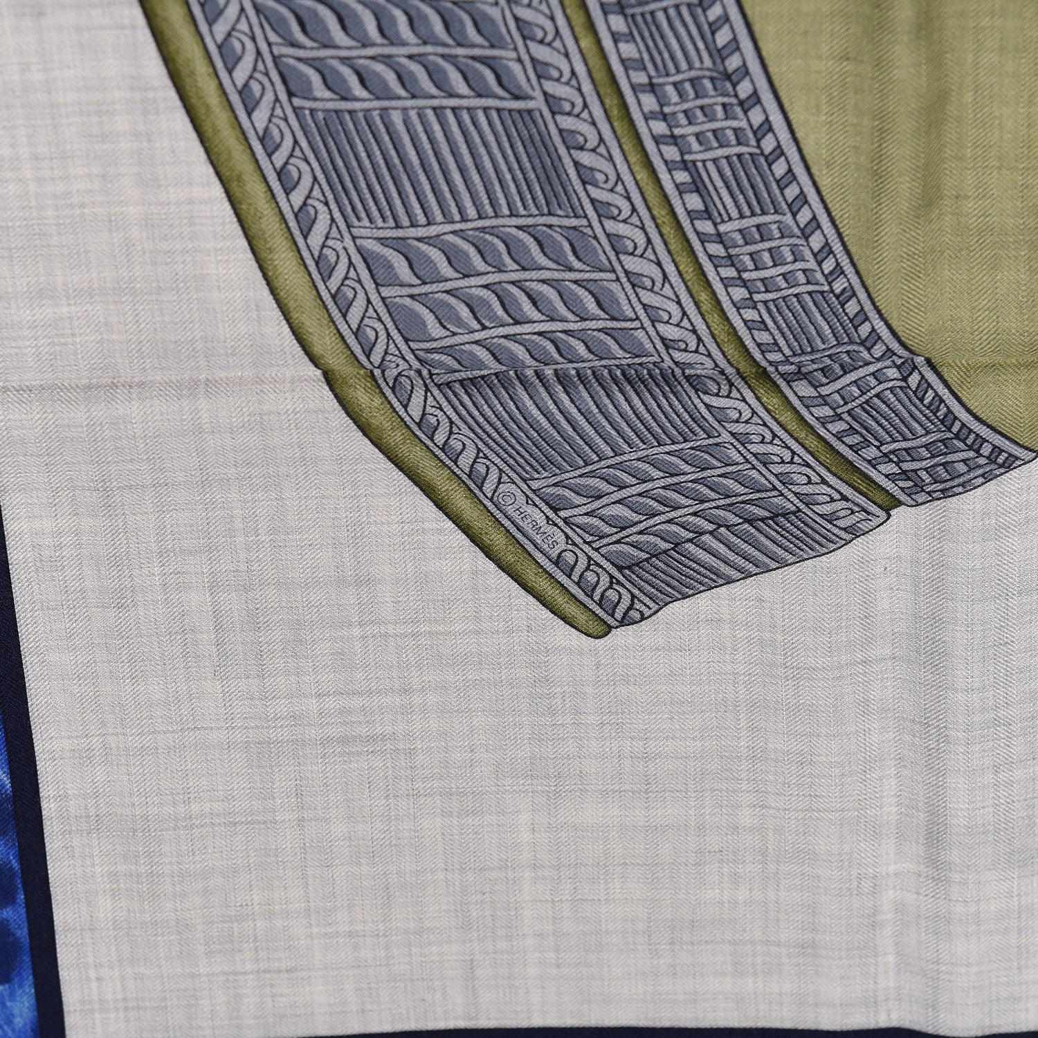 Hermes Cashmere Silk Selle d'Officier En Grande Tenue Shawl 140 Gris Chine Bleu Khaki 4 of 5