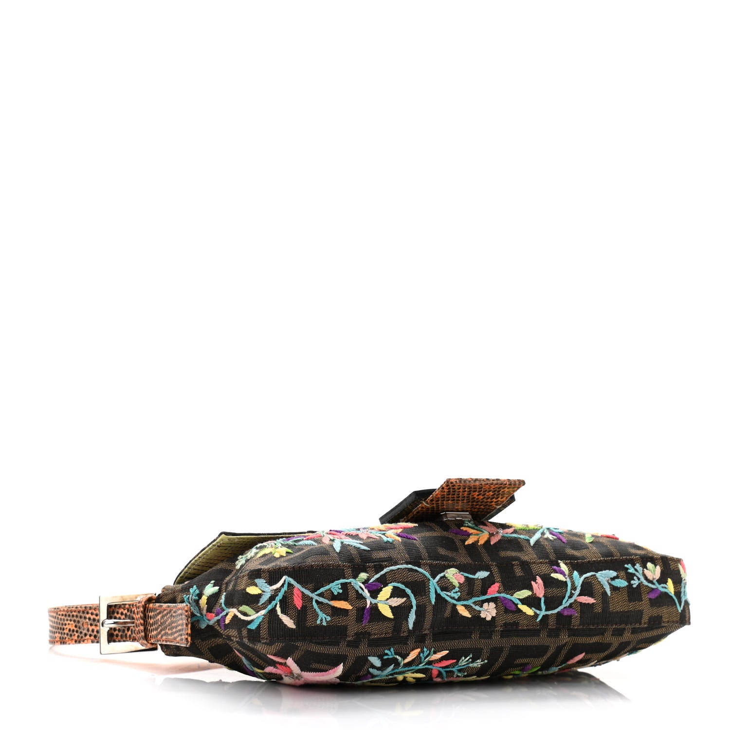 Fendi Lizard Zucca Floral Embroidered Baguette Tobacco Multicolor 4 of 10