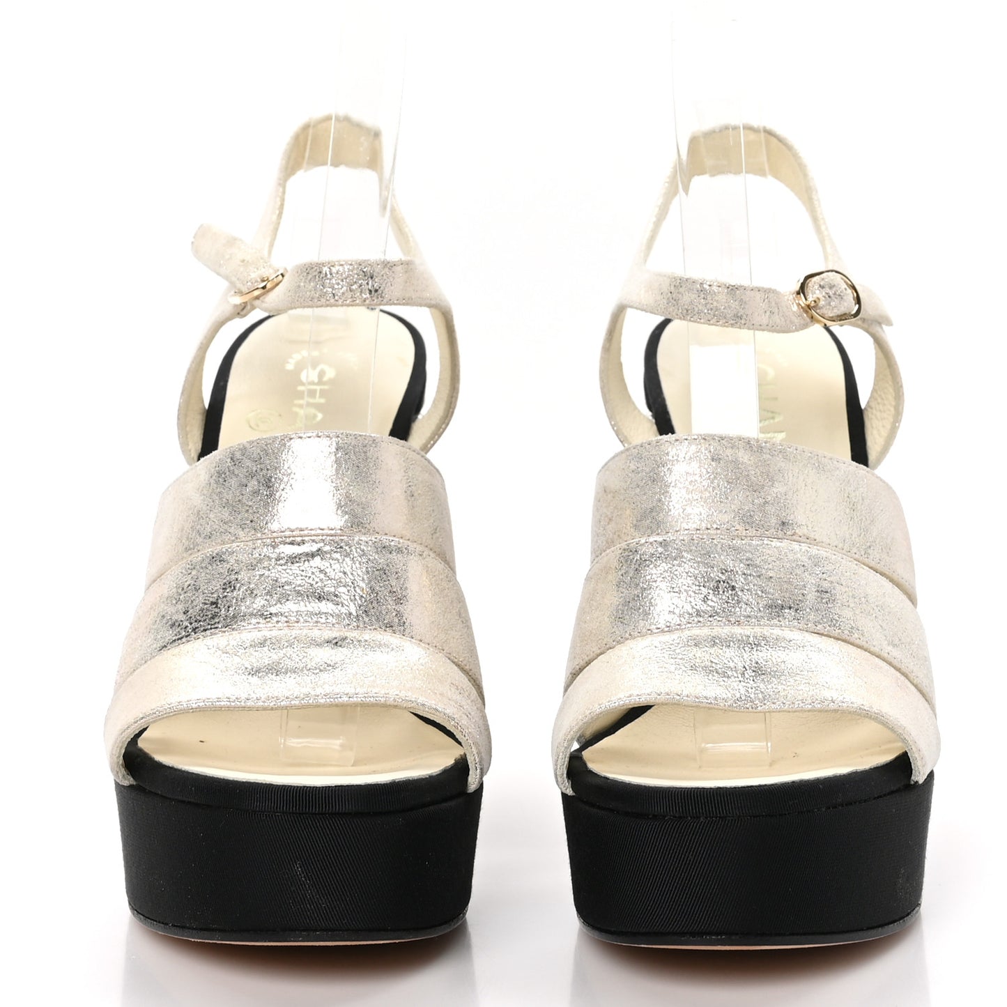 Metallic Crumpled Calfskin Grosgrain Pearl Wedge Sandals 39 Black Silver