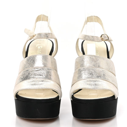 Chanel Metallic Crumpled Calfskin Grosgrain Pearl Wedge Sandals 39 Black Silver 2 of 9