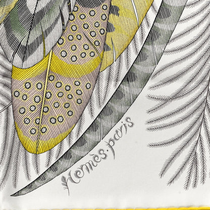 Hermes Silk Plumes En Fete Scarf 90 Blanc Jaune Mauve 2 of 4