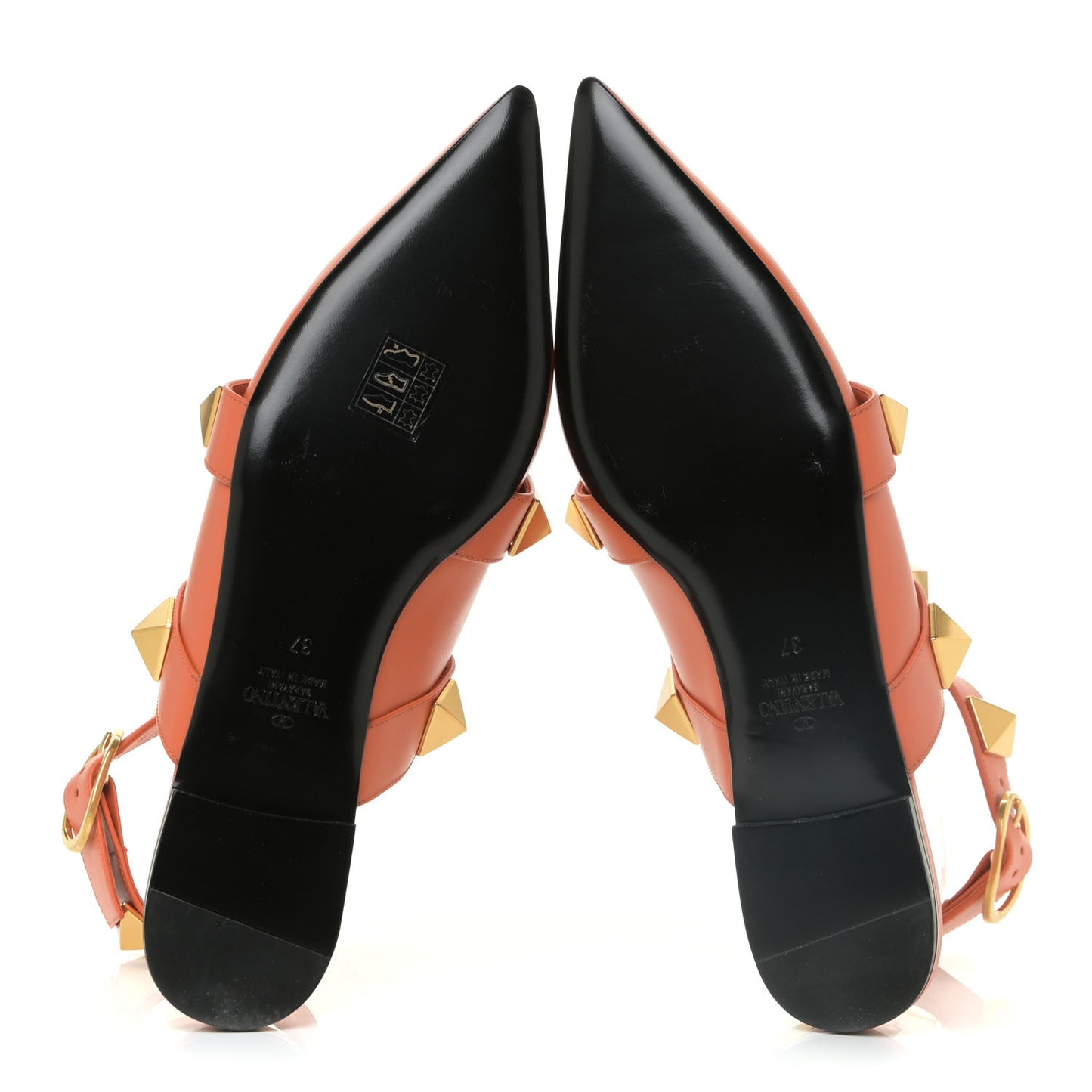 Calfskin Roman Stud Ankle Strap Flat Mules 37 Orange Zest