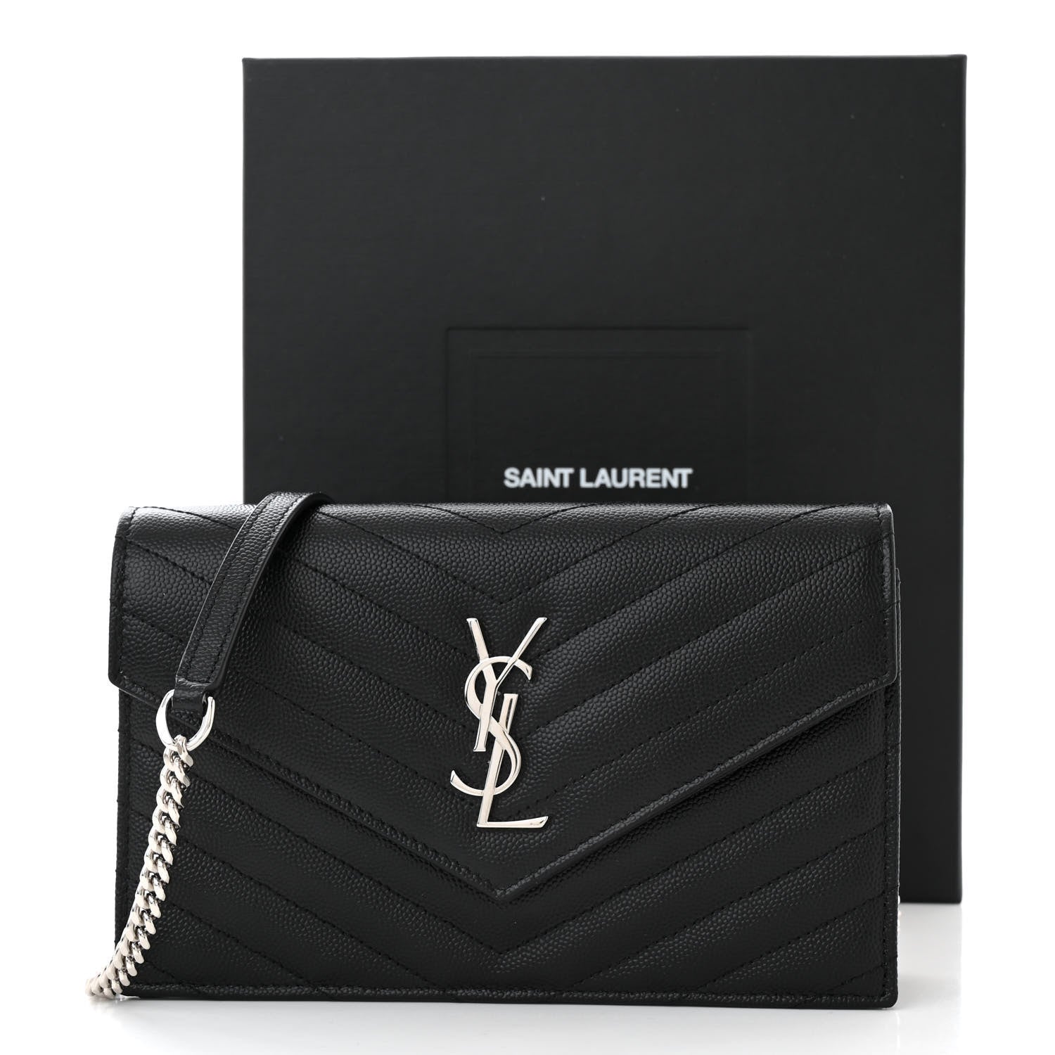 Saint Laurent Grain De Poudre Matelasse Chevron Monogram Envelope Chain Wallet Black 11 of 11
